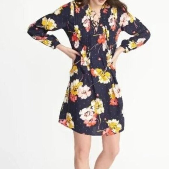 Old Navy Pullover Navy Multi Color Floral Print Swing Dress Size Medium (8/10) - Picture 1 of 13